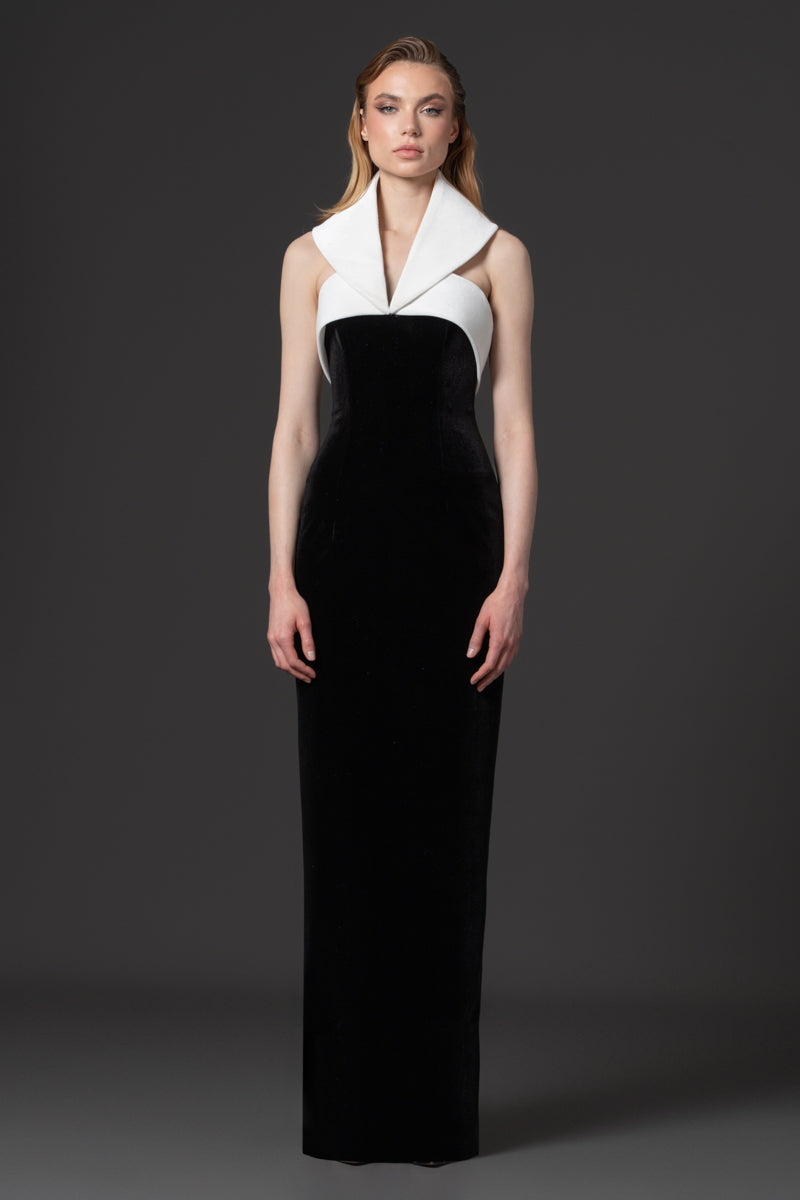 A fitted velvet dress with a bold velvet collar