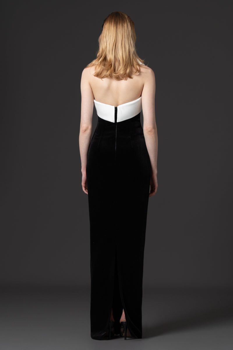 A fitted velvet dress with a bold velvet collar