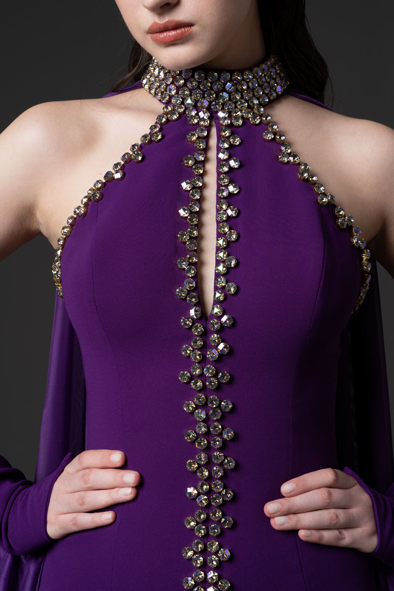 A halter-neck crêpe gown with beaded borders and draped chiffon connected
to the sleeves