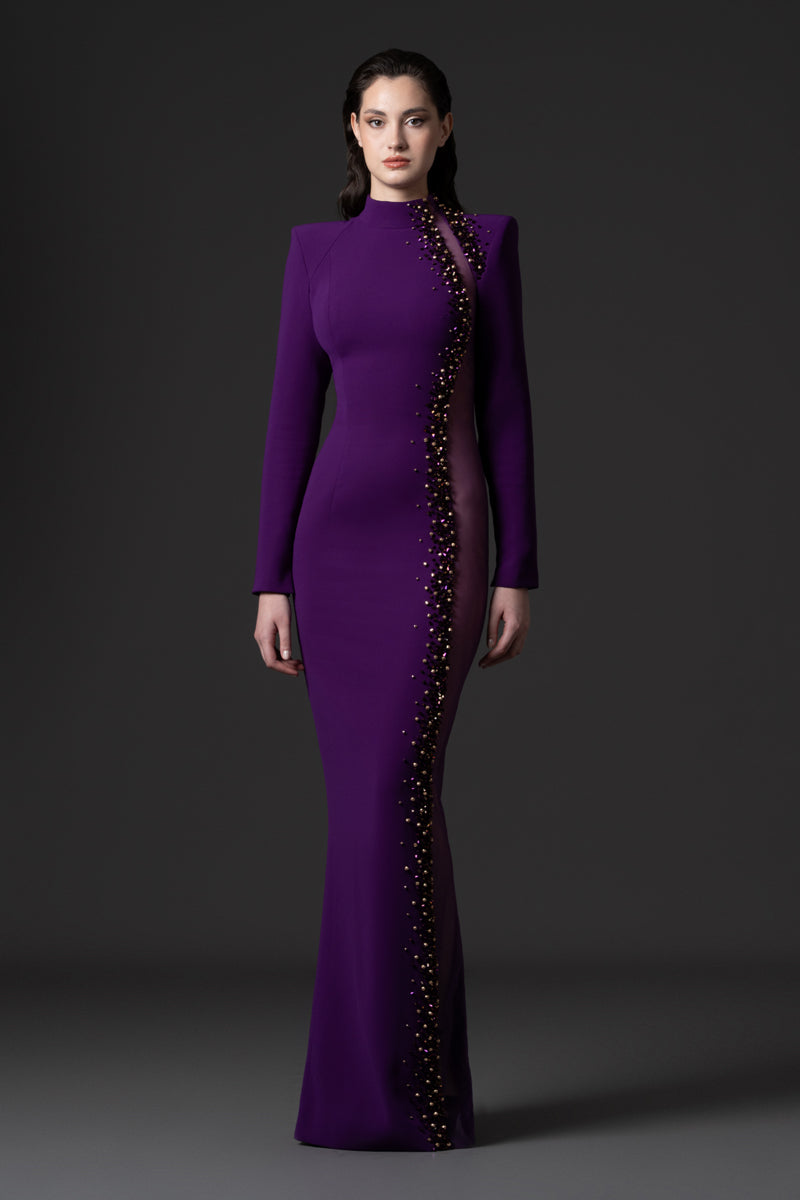 A high-neck fitted crêpe dress with long sleeves ,tulle side panel and beadings on the borders