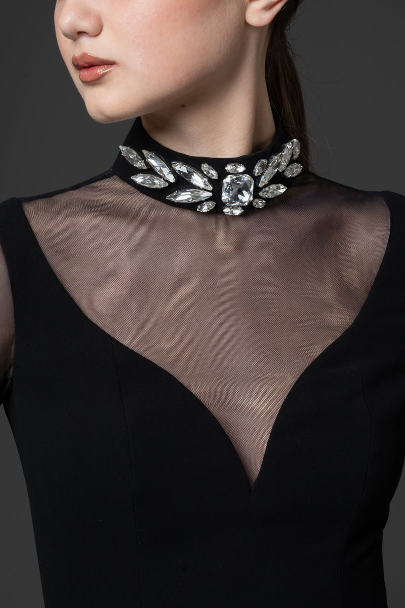 High-neck gown featuring a crystal-embellished collar and chiffon sleeves