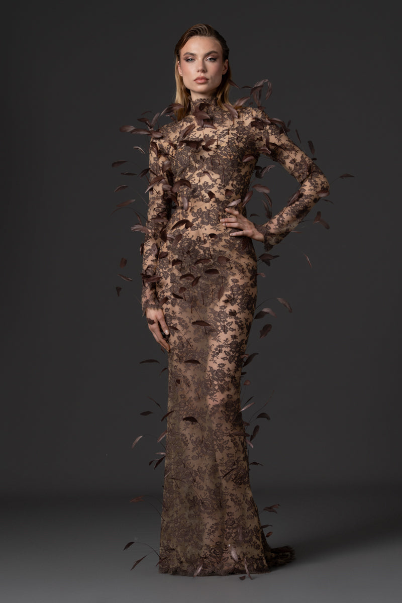 A mermaid long sleeves lace dress with feathers