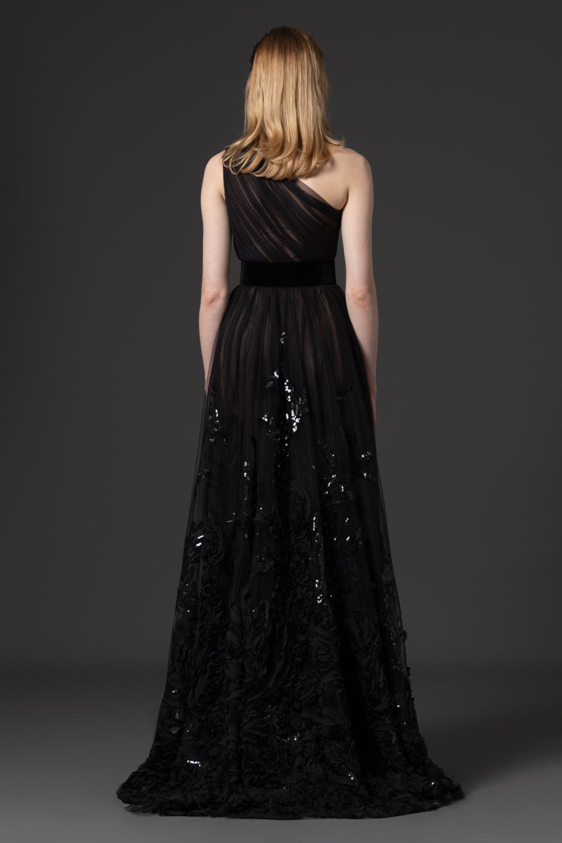 A one-shoulder A-line gown made from sequined beaded tulle and 3D ruffle detailing