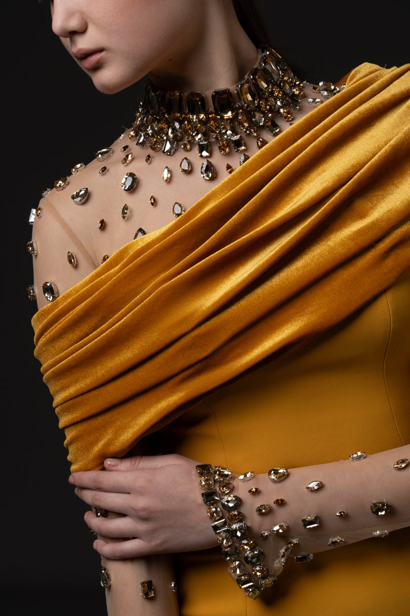 One-shoulder crêpe dress with crystal embroidered bodice