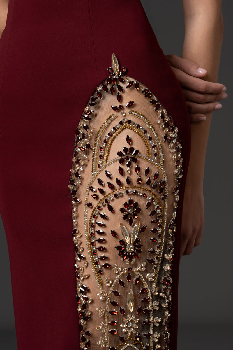 Strapless dress with side slit crystal embroidery