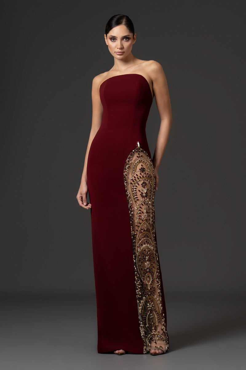 Strapless dress with side slit crystal embroidery