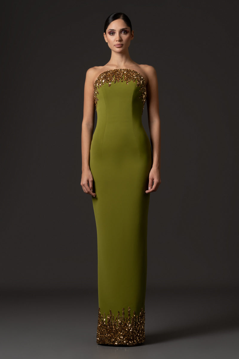 Strapless gown with embroidery on the bust and the hemline Strapless gown with embroidery on the bust and the hemline