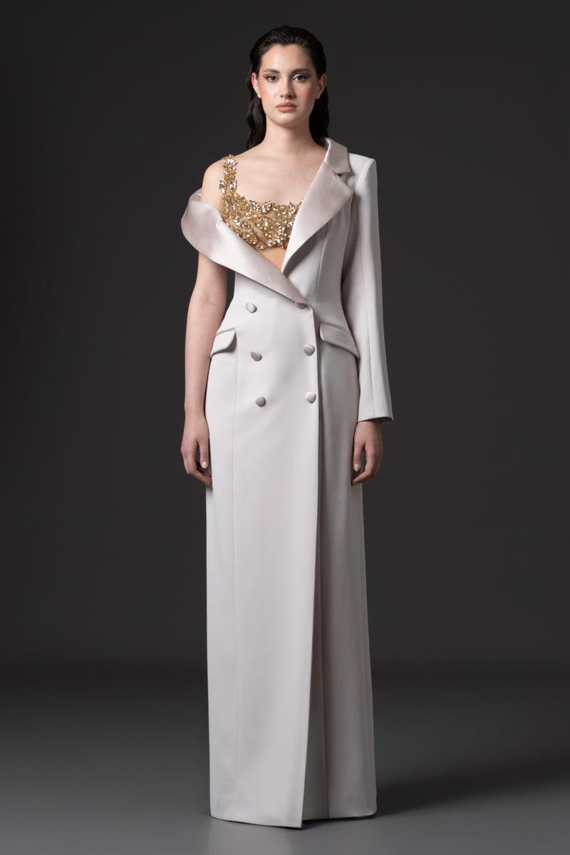 A tailored crêpe coat dress with radzimir collar over a beaded tulle bodice