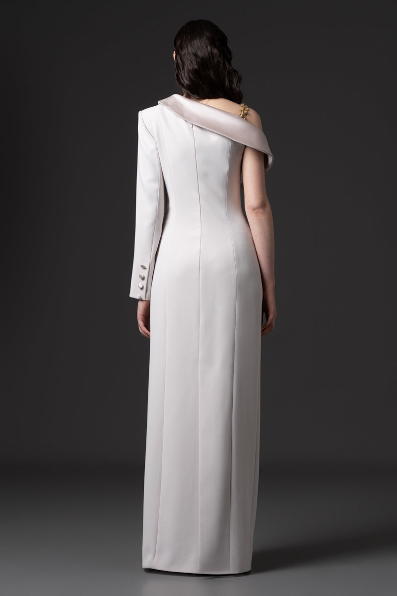 A tailored crêpe coat dress with radzimir collar over a beaded tulle bodice