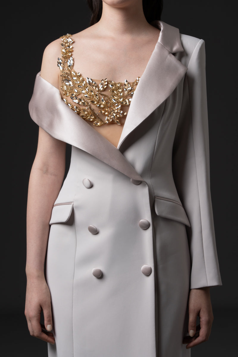 A tailored crêpe coat dress with radzimir collar over a beaded tulle bodice