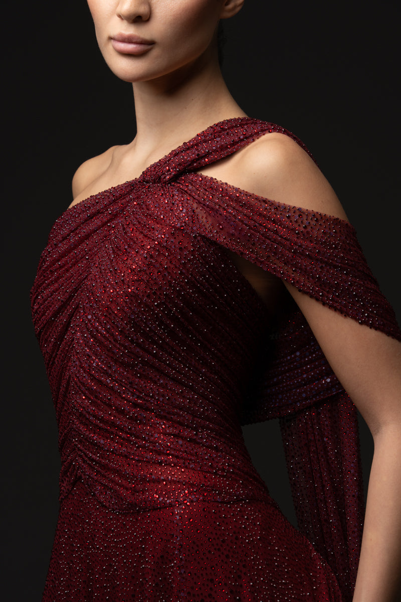 Tulle embroidered gown with a draped bust