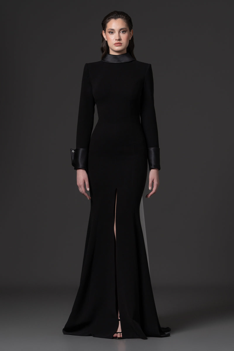 A tuxedo-inspired gown with a radzimir back-tie