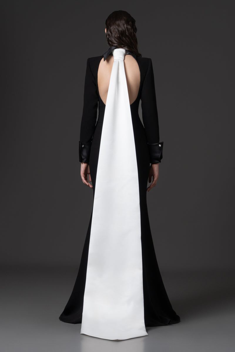 A tuxedo-inspired gown with a radzimir back-tie