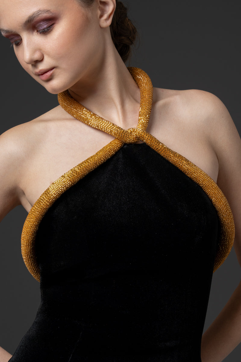 Velvet mini dress featuring an embroidered neckline with fringes