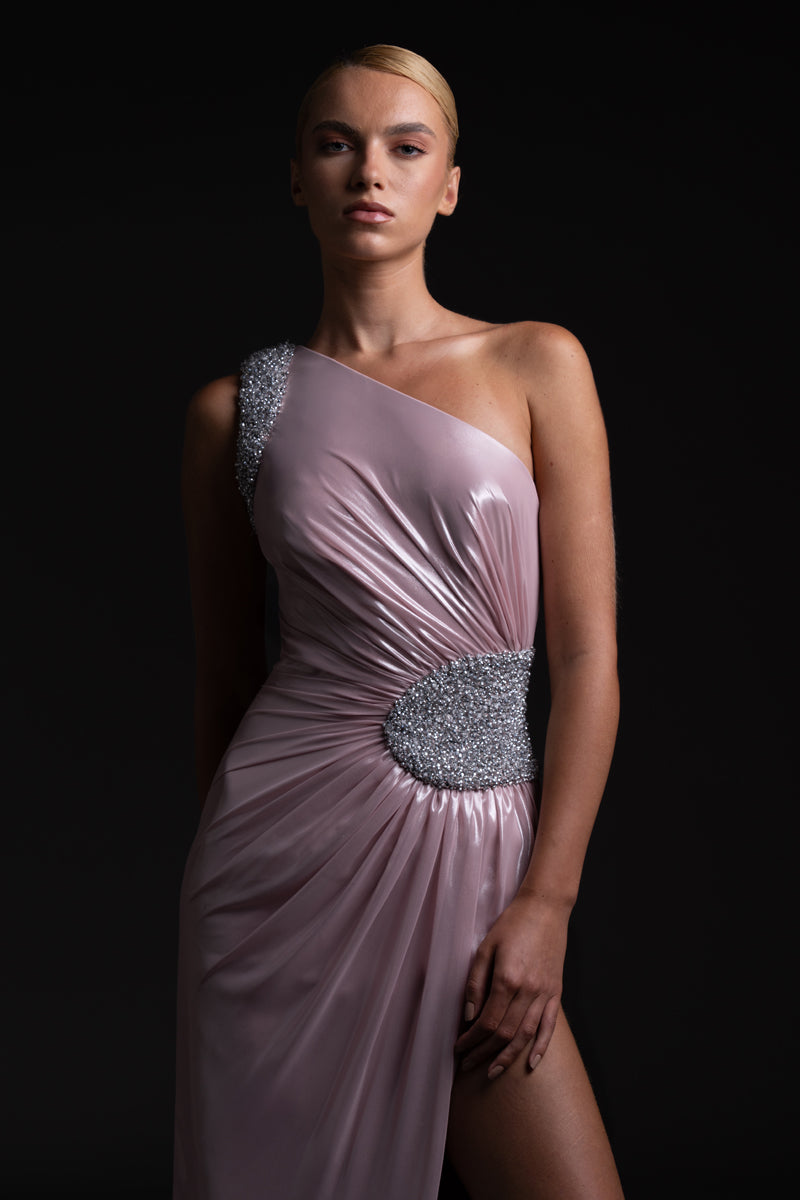Sepia rose Asymmetric chiffon lamé draped dress with embroidered waist buckle and shoulder pad