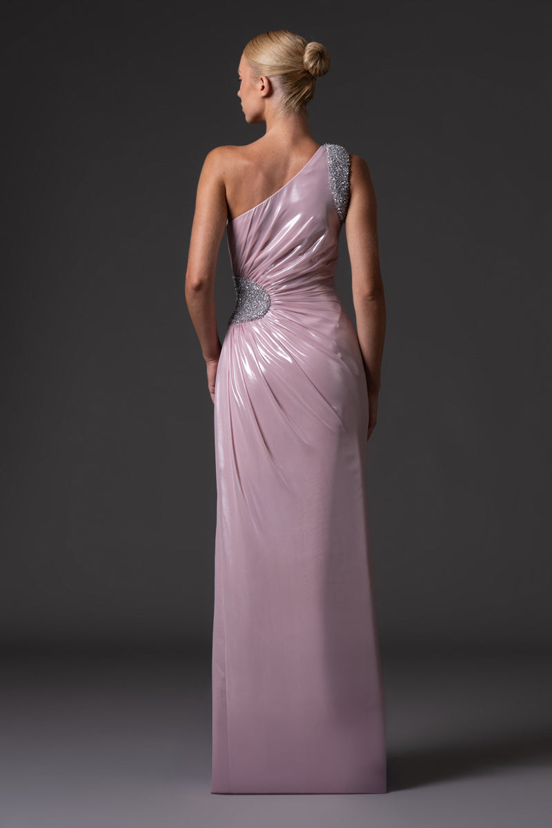 Asymmetric chiffon lamé draped dress with embroidered waist buckle and shoulder pad