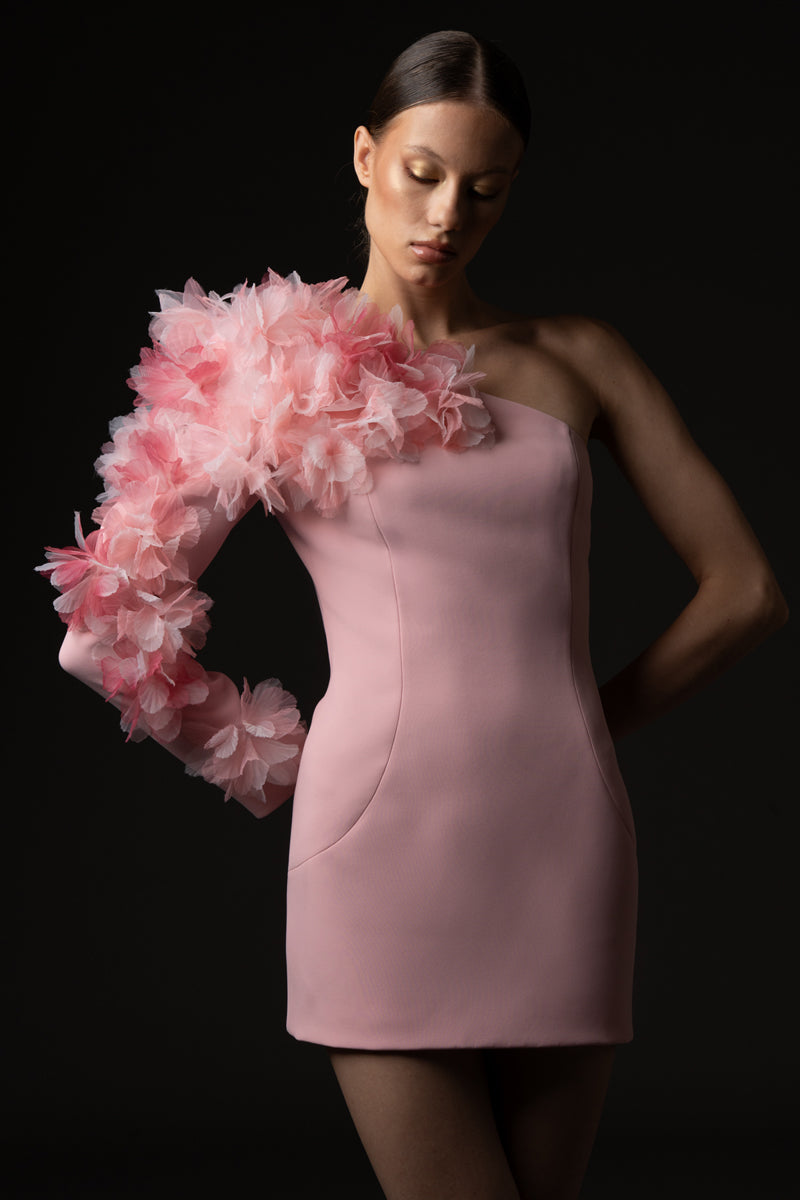 Asymmetric crêpe mini dress, featuring a floral appliqué sleeve