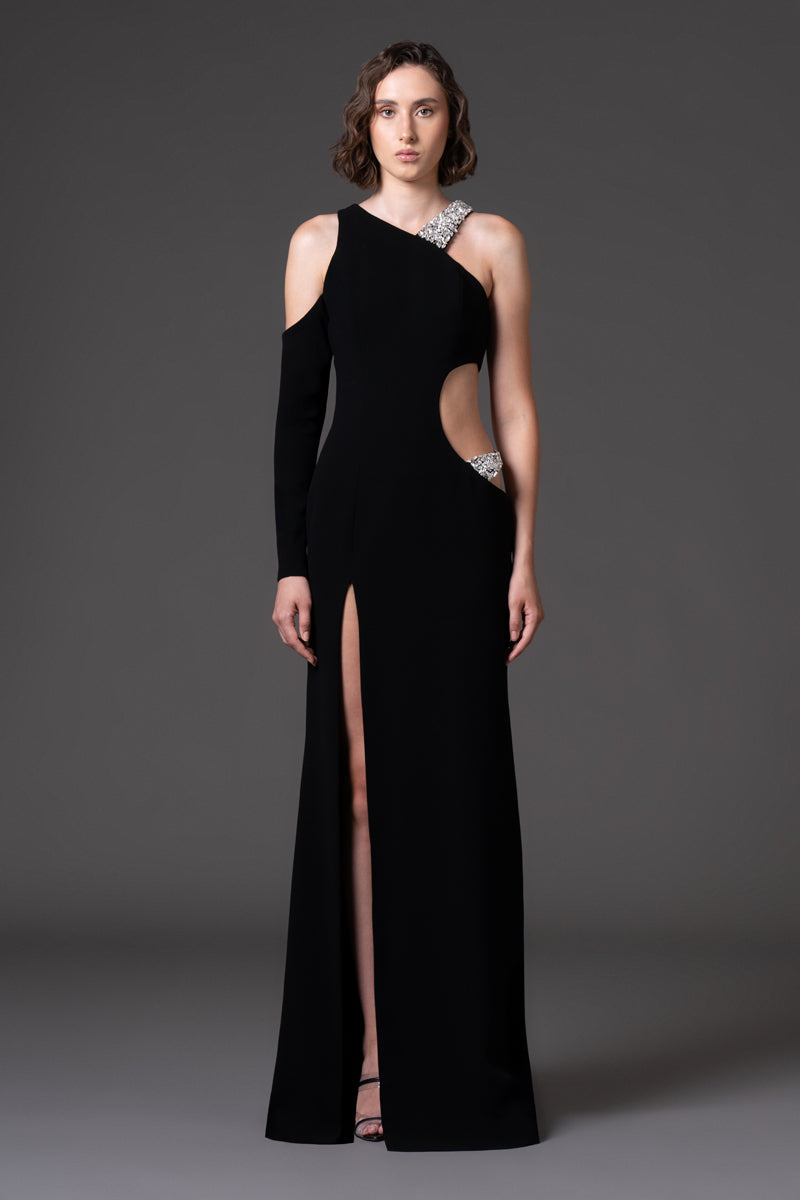 Black crêpe dress with cutouts and embroidery- front