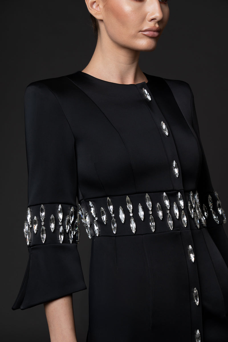 Black scuba crêpe tailored dress, featuring crystal embroidery
