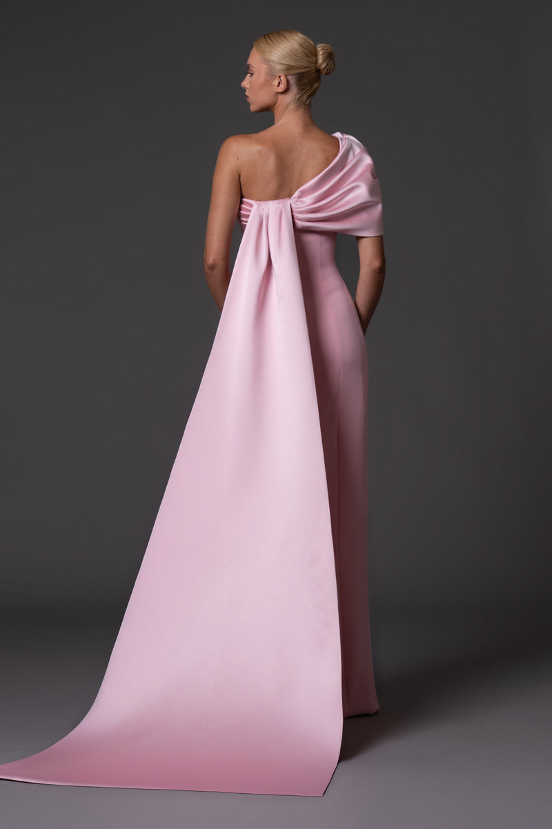 Blush pink Crêpe column gown with satin radzimir bow detail