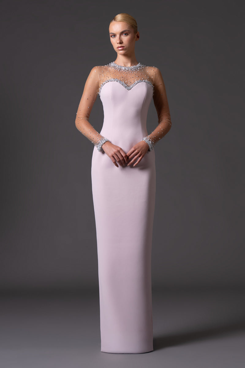 Pink Crêpe dress with crystal embroidered neckline and sleeves