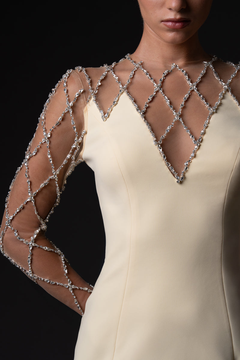 Crêpe dress with crystal grid embroidery closeup