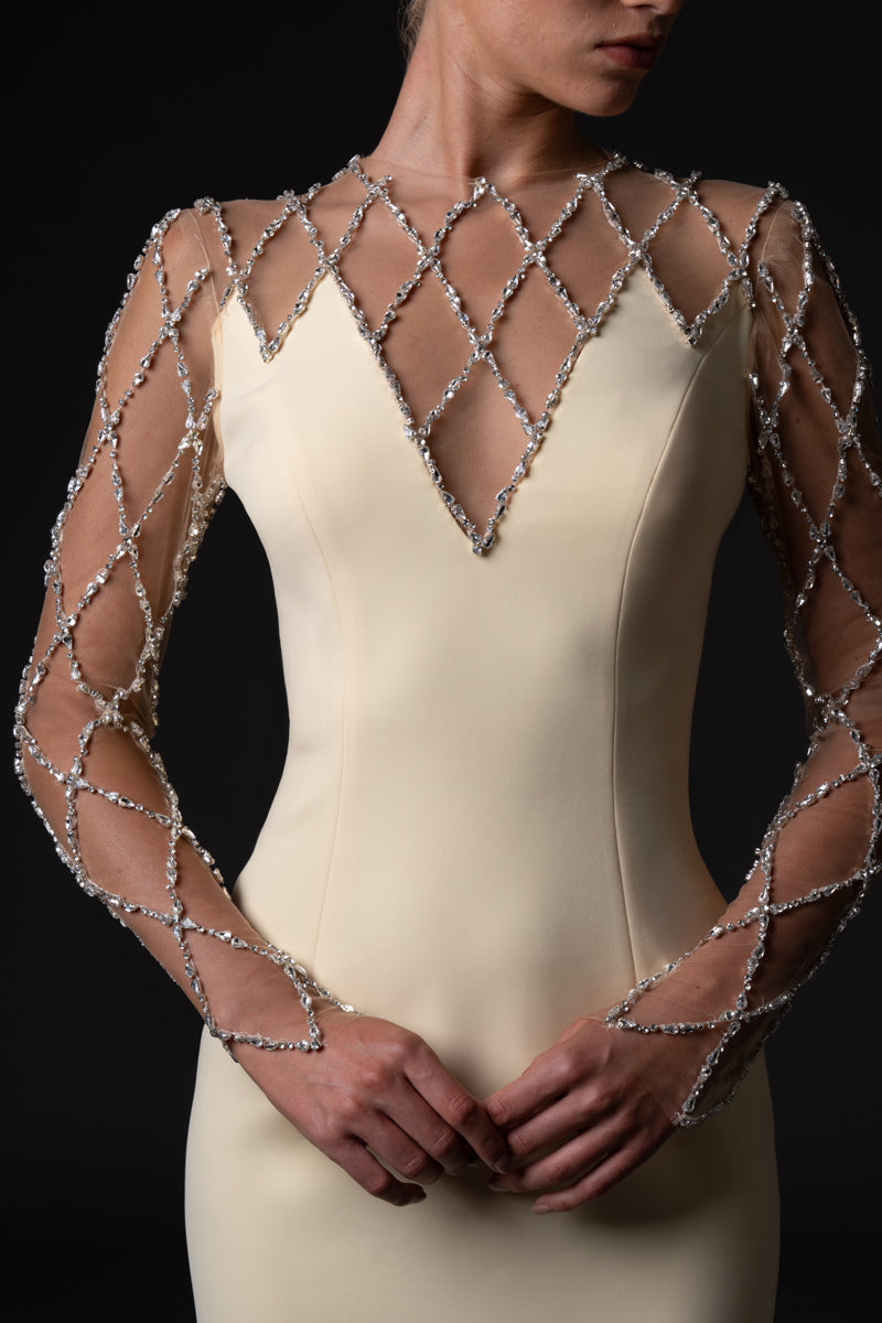 Crêpe dress with crystal grid embroidery closeup