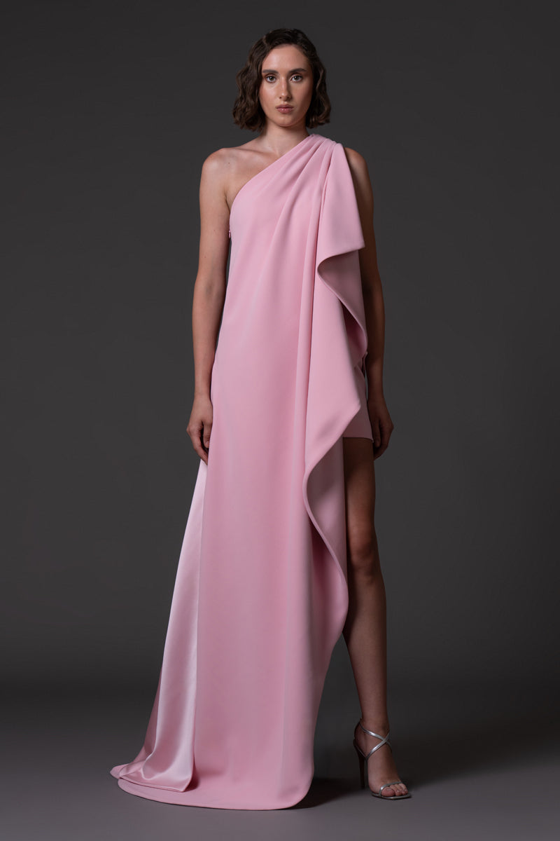 Blush pink Deconstructed ruffle dress in crêpe and satin radzimir