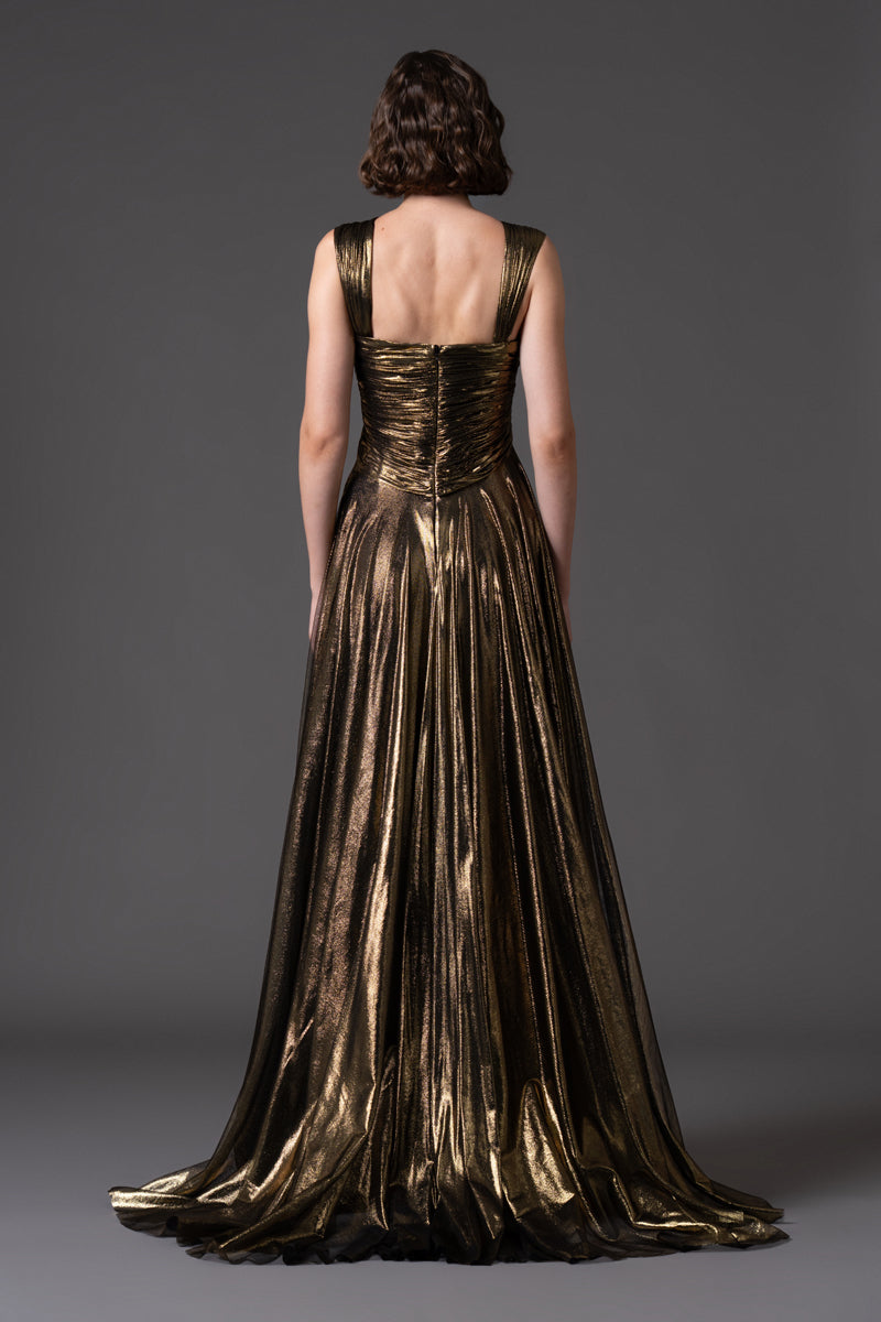 Gold draped dress in silk foiled tulle- back
