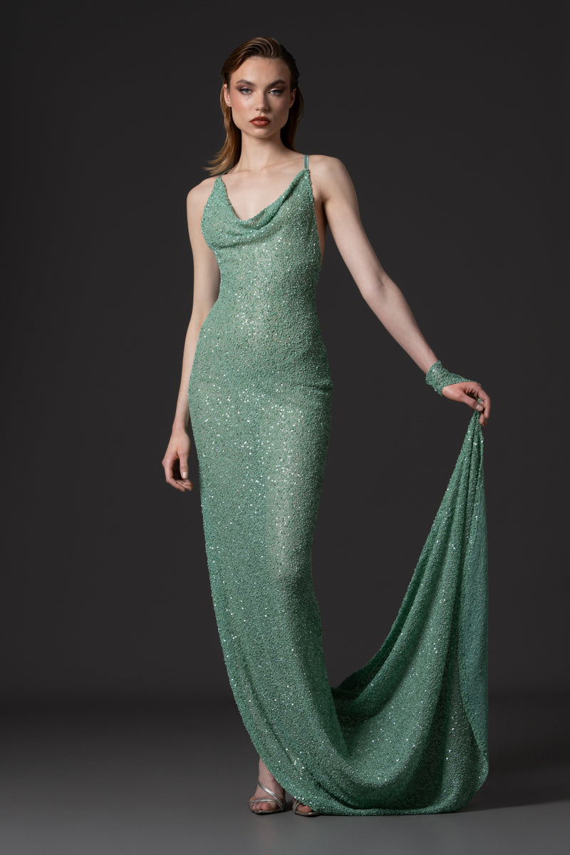 Embroidered tulle gown with elongated side drape