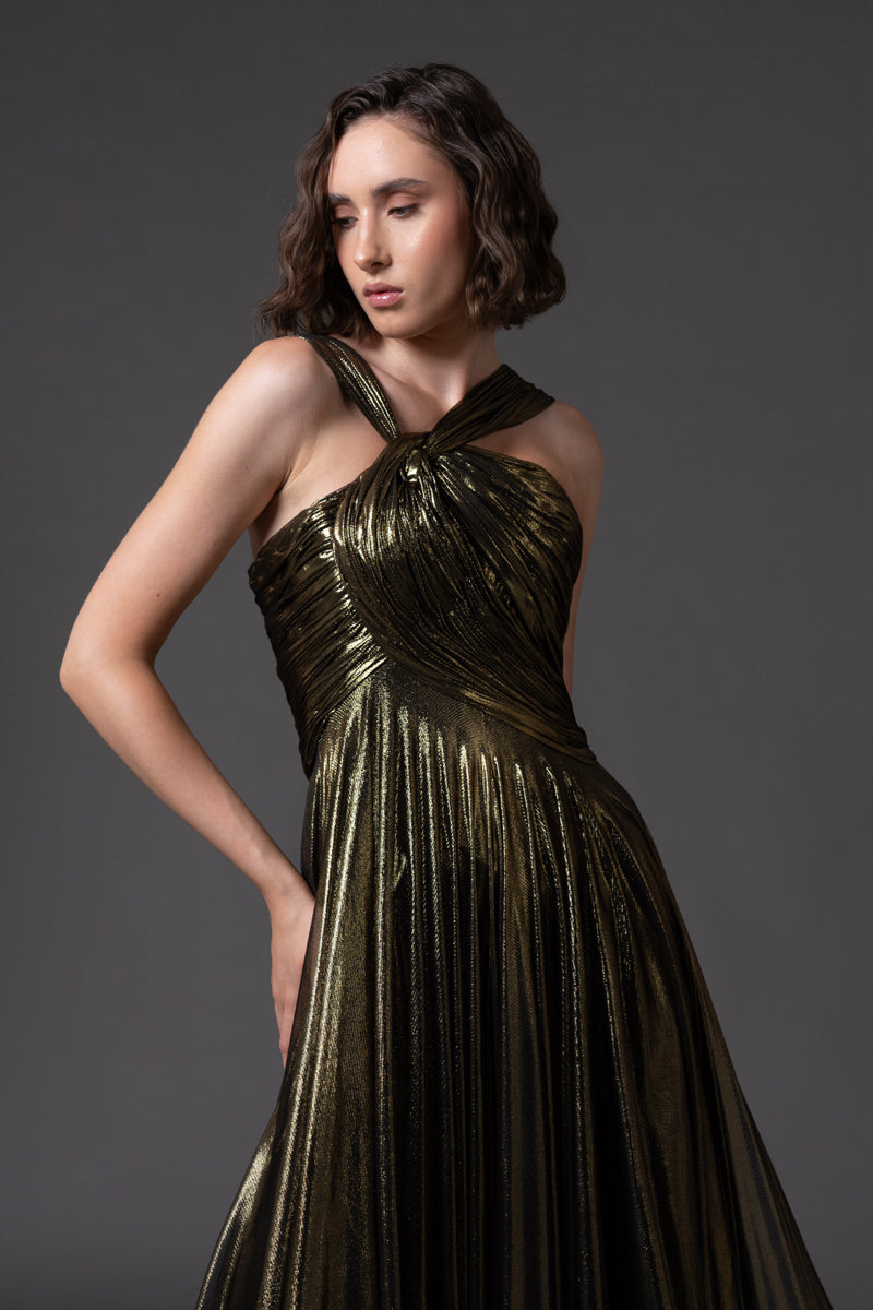 Gold draped dress in silk foiled tulle closeup