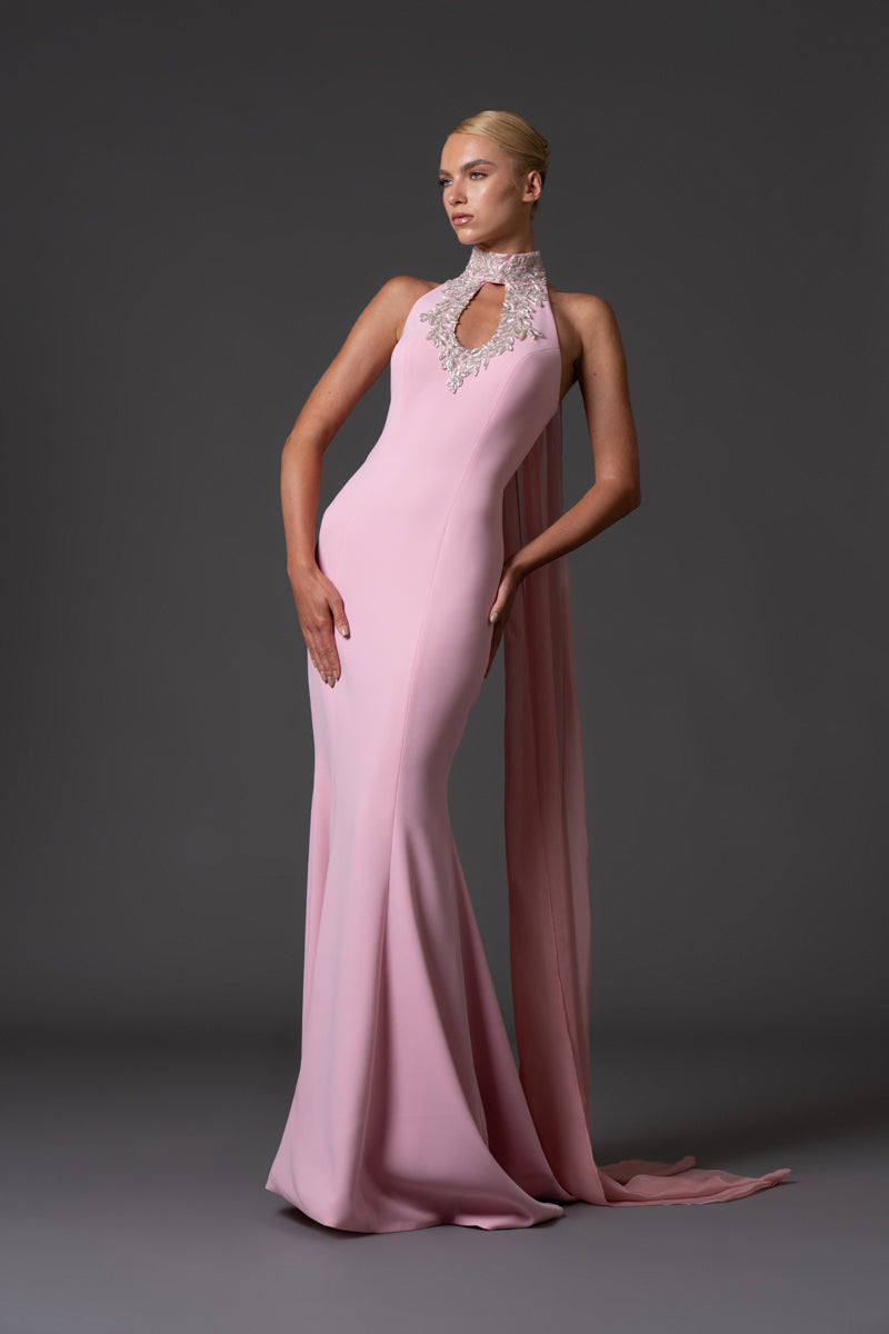 Blush Pink Halter neck crêpe dress with embroidered neckline