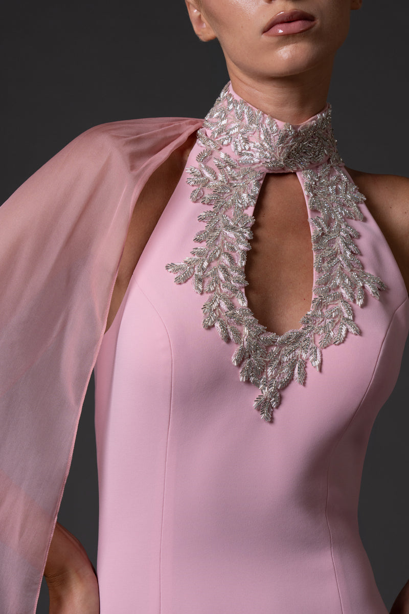 Blush pink Halter neck crêpe dress with embroidered neckline