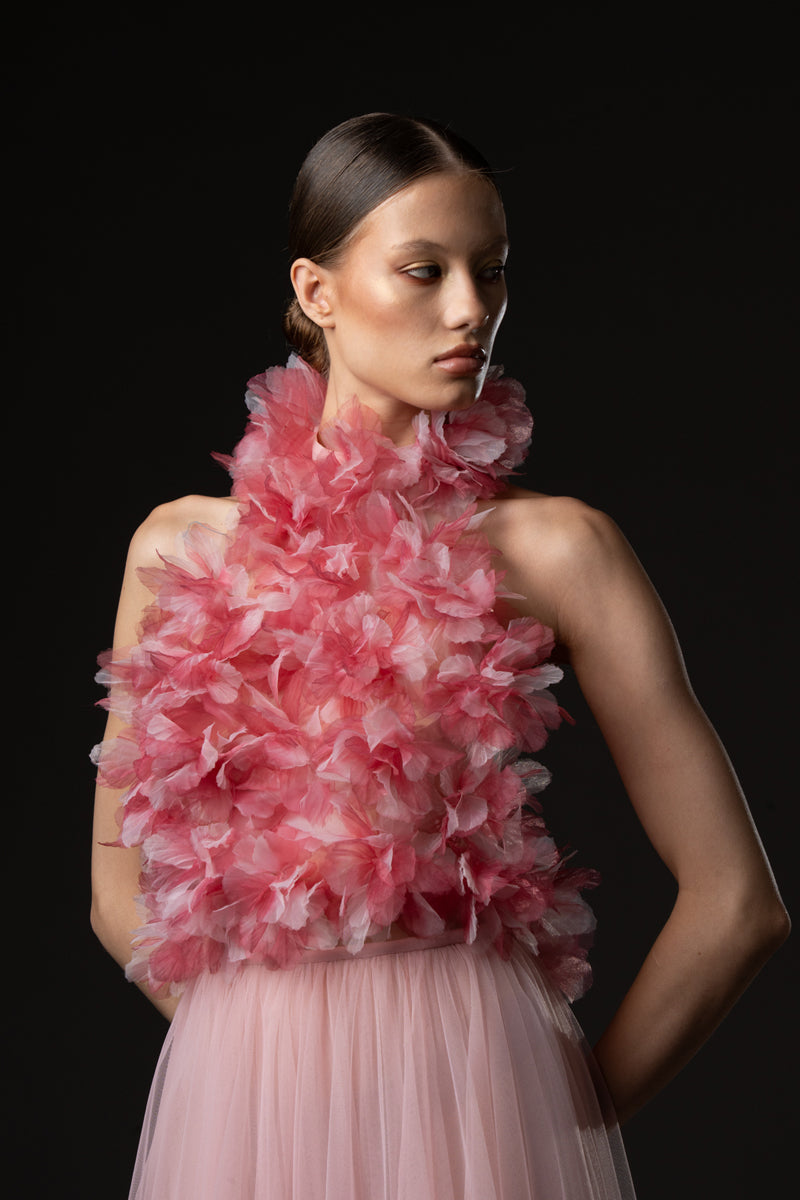Halter neck dress in tulle with flower appliqué bodice