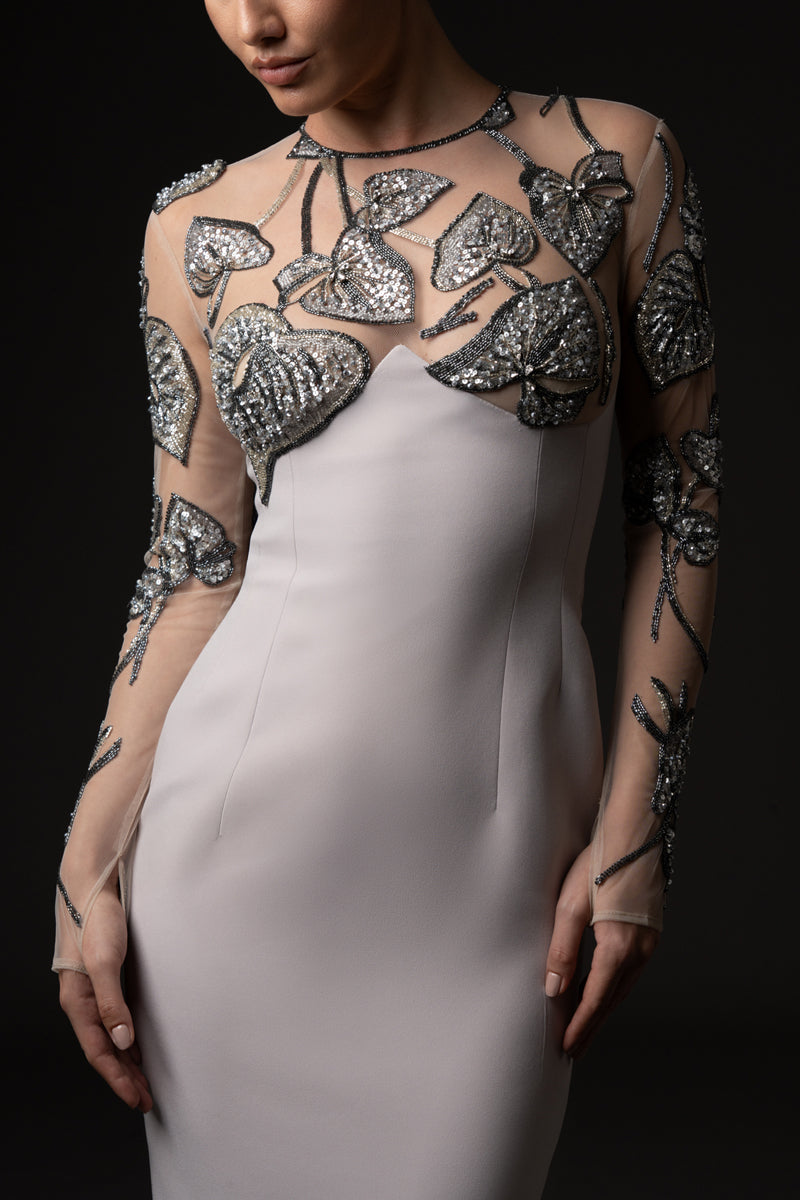 High neck silver gray crêpe dress with embroidered bodice and long sleeves