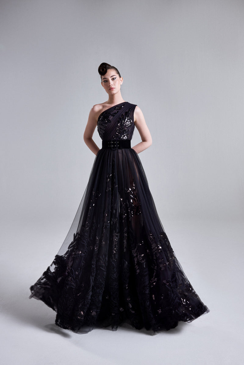 A one-shoulder A-line gown made from sequined beaded tulle and 3D ruff