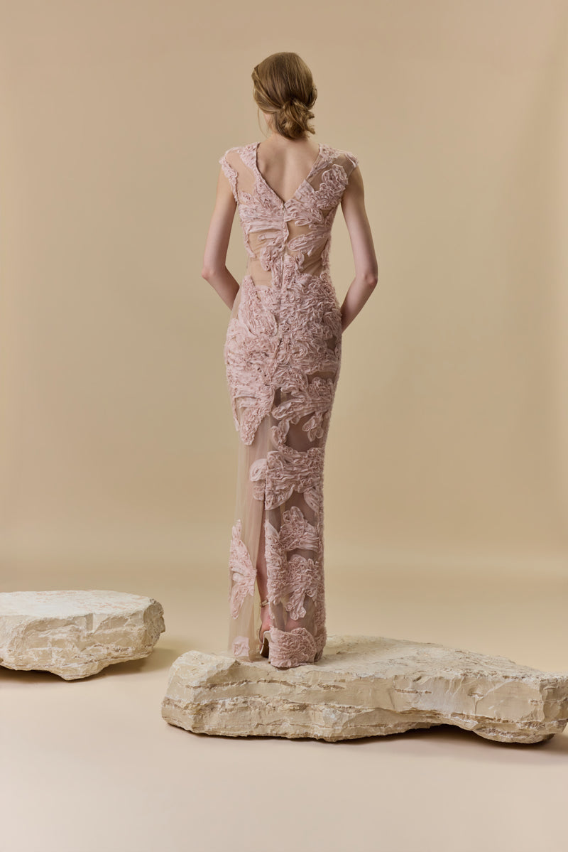 A tulle fitted dress fully embellished with intricate crepe georgette trims.