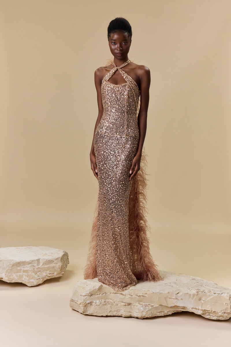 A fitted embroidered tulle dress with a halter neckline, open back, and a dramatic flowing train finished with feather trims.