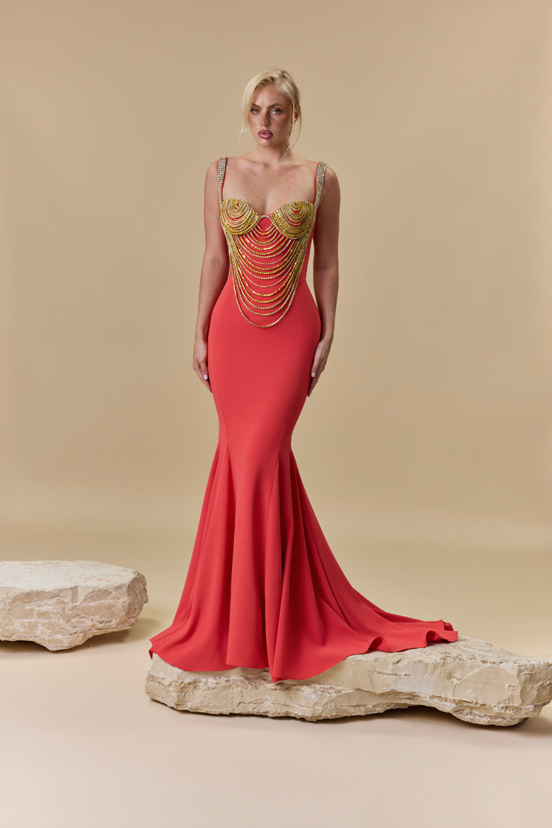 A mermaid crepe dress featuring cup-chain embroidery along the shoulders and bust.