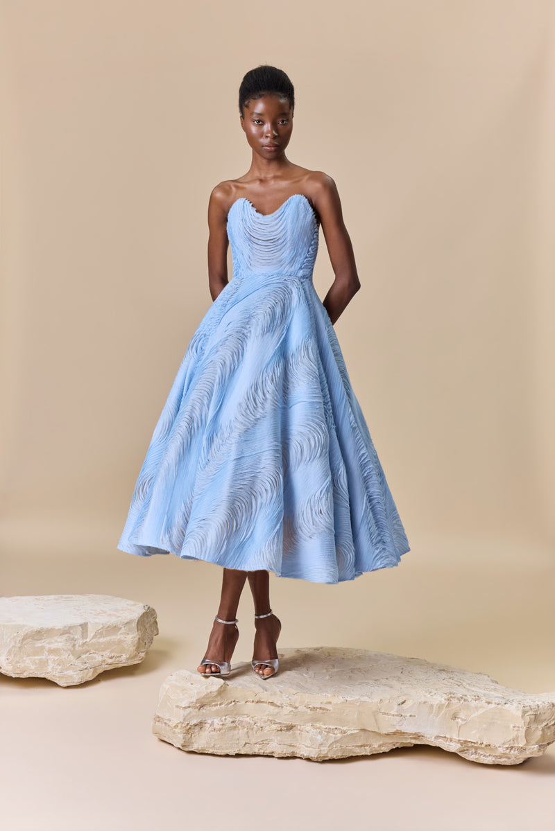 A shredded chiffon strapless midi A-line dress featuring a sweetheart neckline.