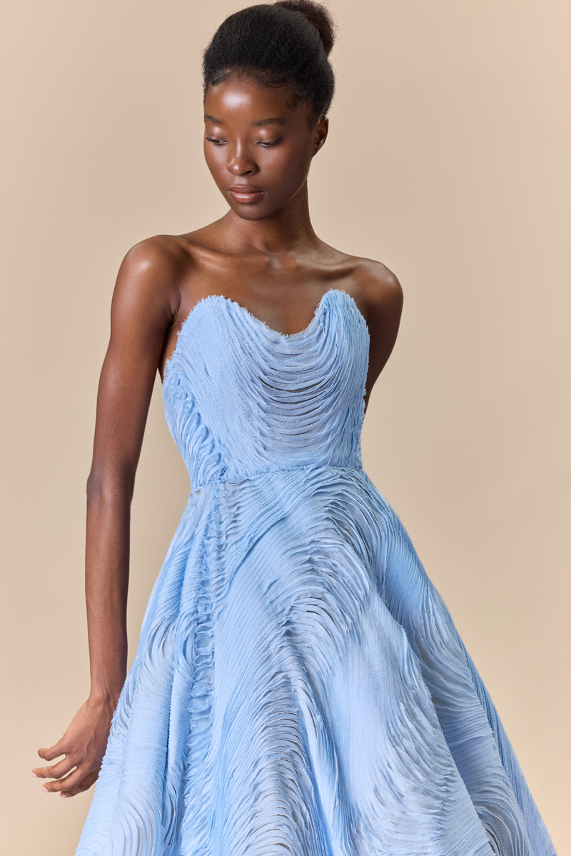 A shredded chiffon strapless midi A-line dress featuring a sweetheart neckline.