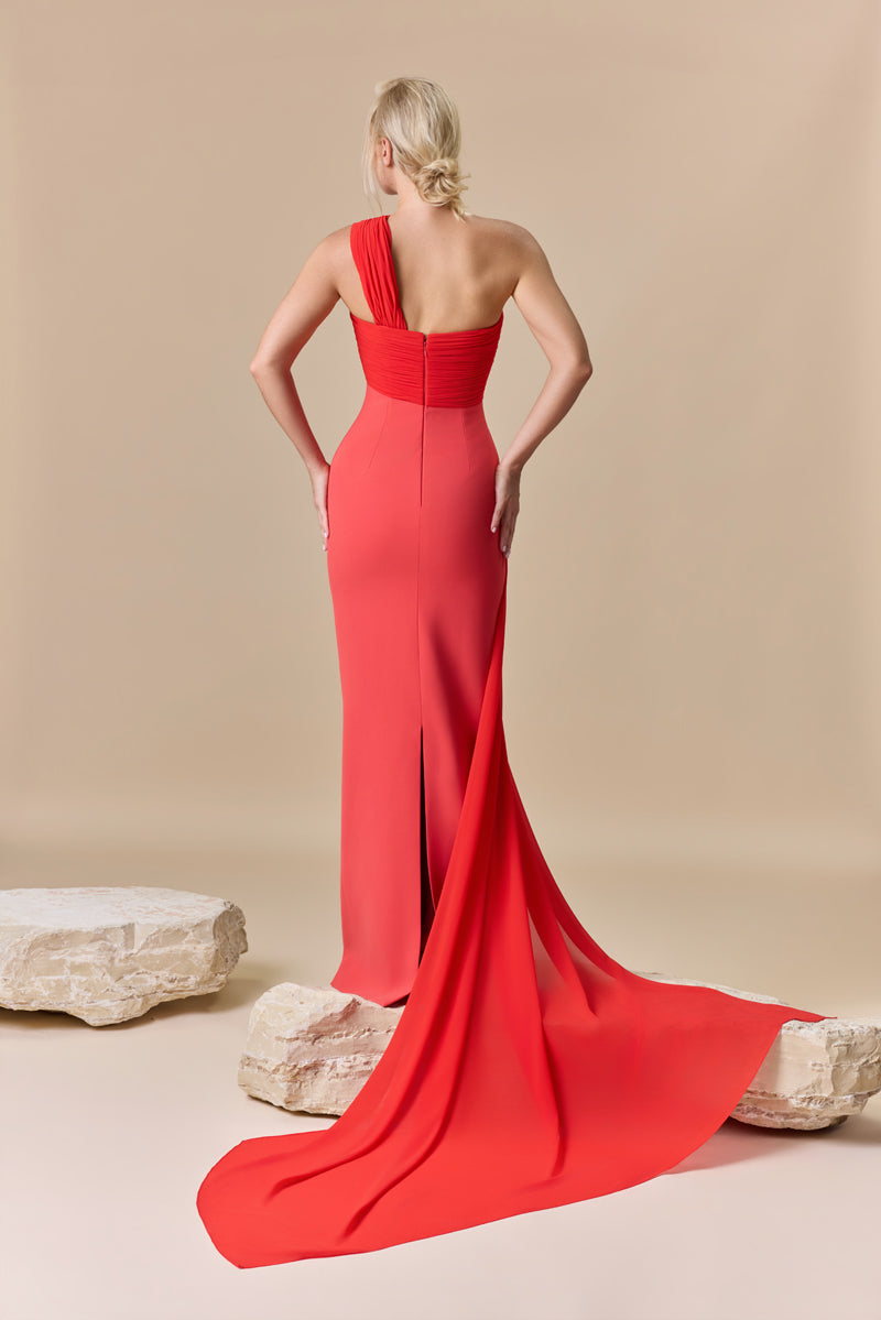 A fitted crepe dress with an asymmetric draped georgette neckline.