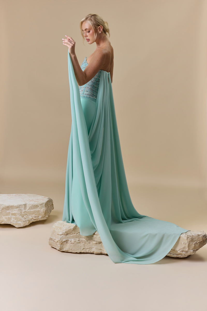 A strapless dress featuring a crystal-embellished corset bodice and a draped georgette skirt with a flowing back train.