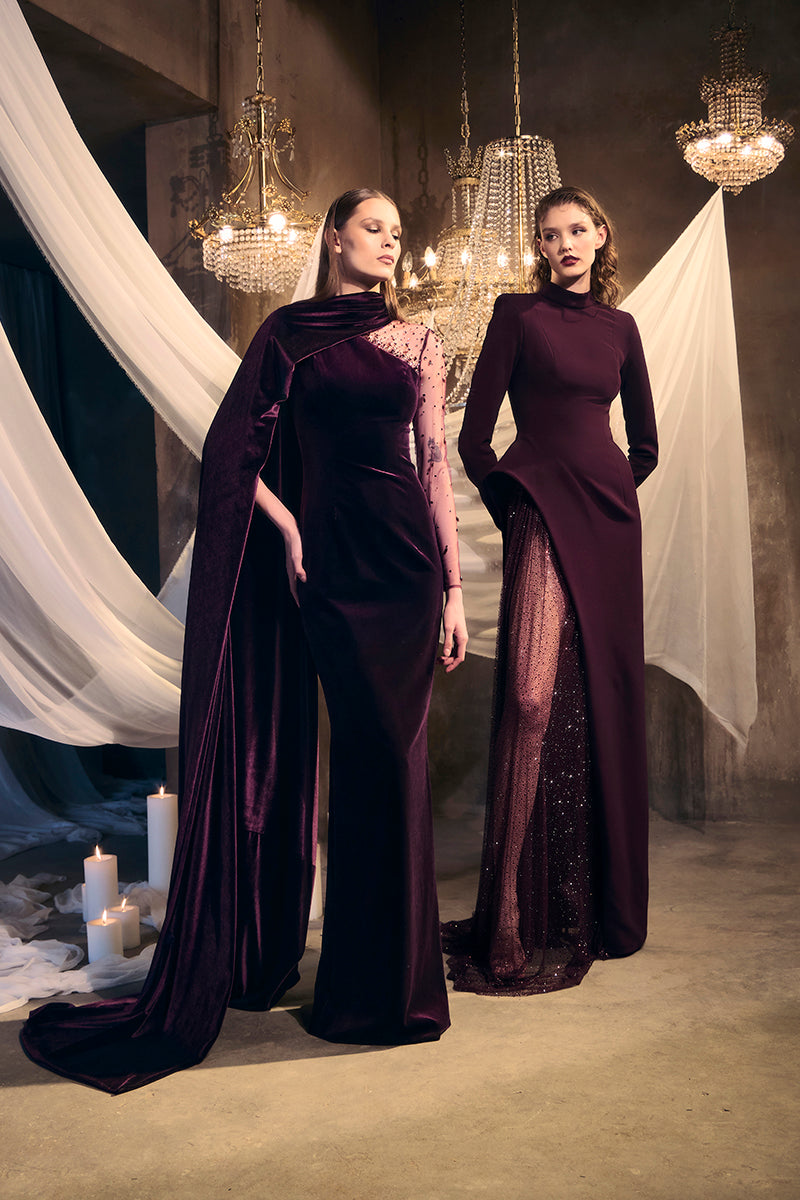 Burgundy asymmetric crêpe dress with crystal embroidery