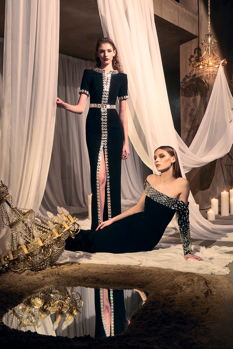 Black crêpe dress with baguette embroidery