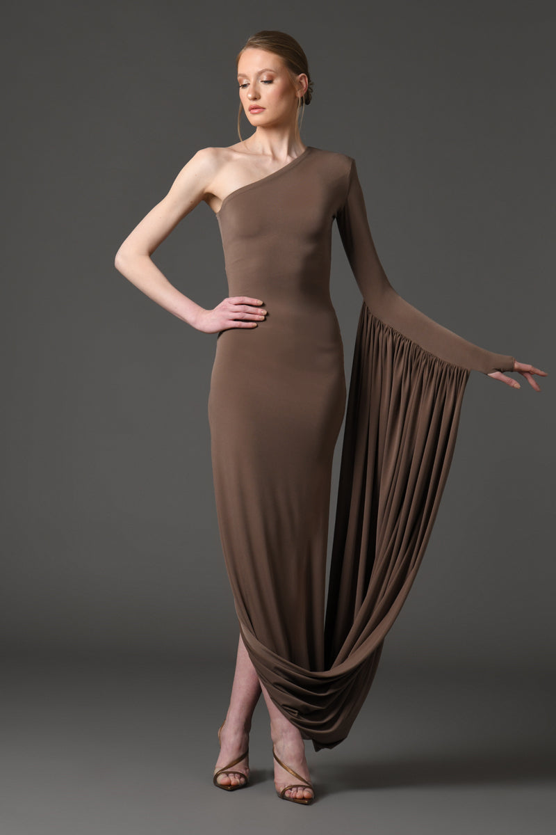 Coffee brown jersey asymmetric draped dress Coffee brown jersey asymmetric draped dress