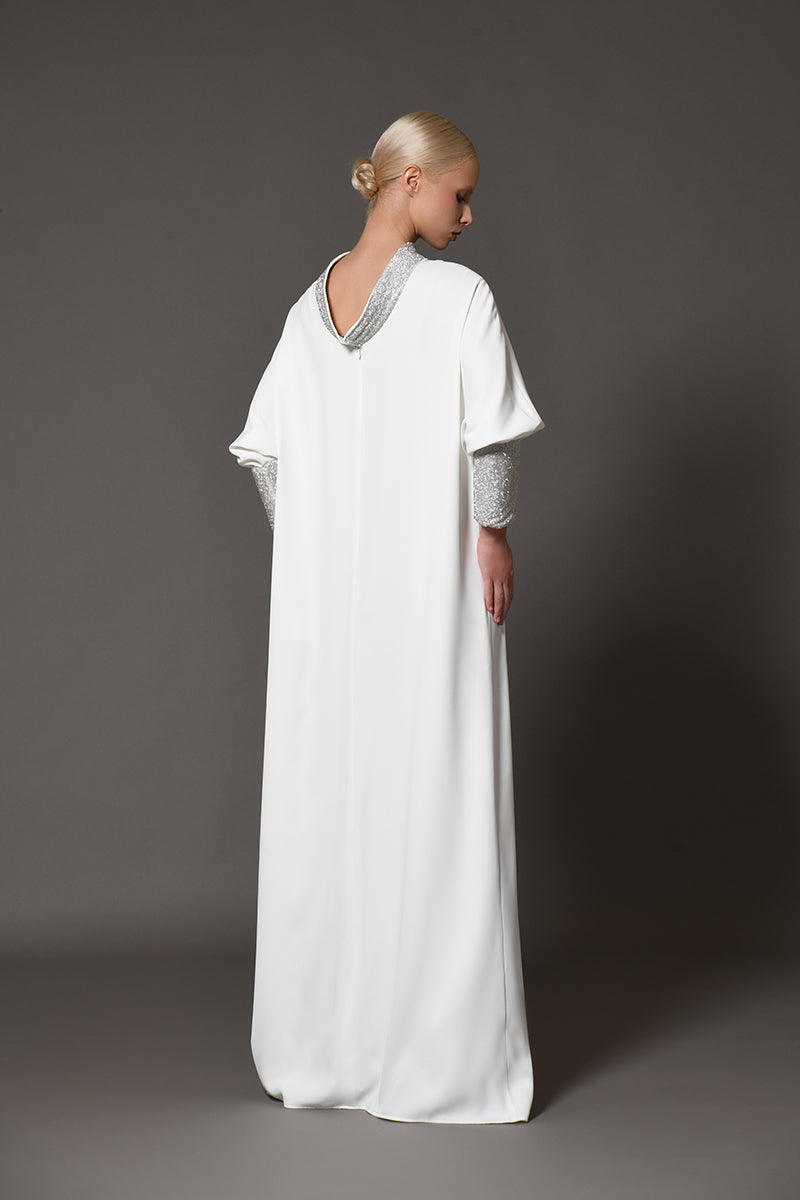 White crêpe abaya with crystals embellished chainmail