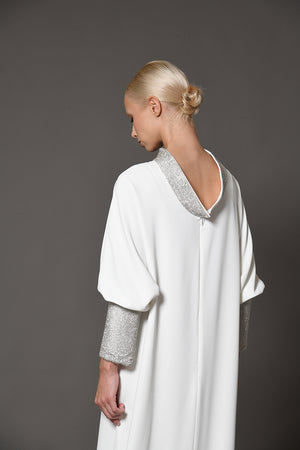 White crêpe abaya with crystals embellished chainmail