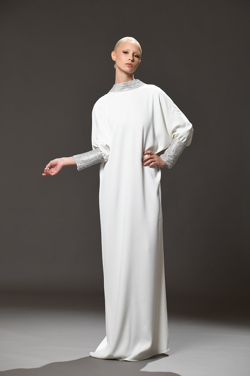 White crêpe abaya with crystals embellished chainmail