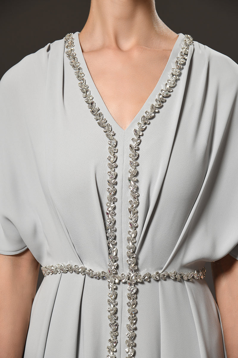 Light grey abaya with embroidered neckline and belt